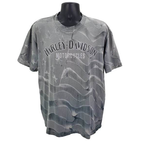 Harley Davidson T-Shirt Men's Large Vintage 90s USA Flag AOP Gray Single Stitch - Picture 3 of 12